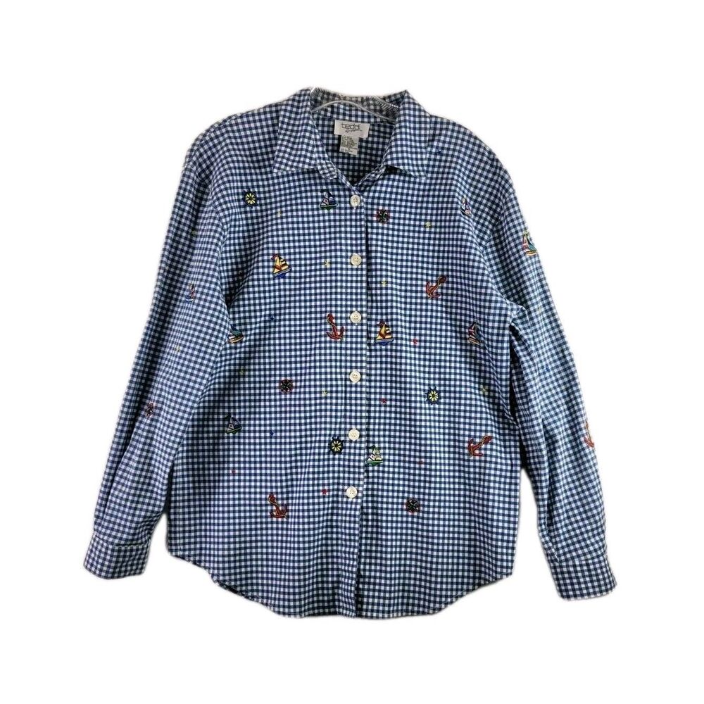 Teddi Sailboats Button Up Shirt Blue Check Medium Nautical Lake Vacation Resort